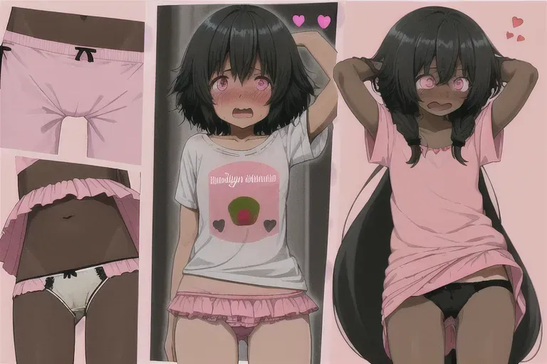 cute black skinned anime girl in nothing but her pink underwear embarrassed