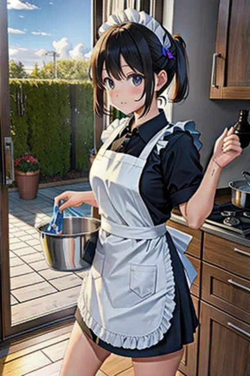 naked maid mopping floor, naked apron