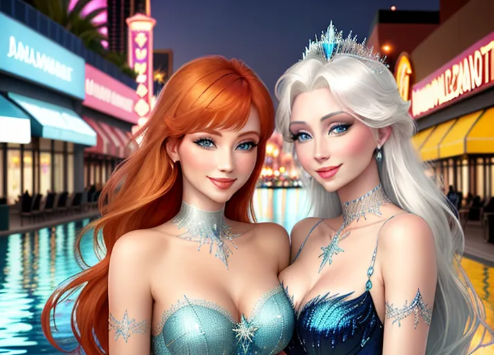beautiful auburn haired Queen Anna in green and her platinum haired Sister, Elsa, in blue, with their beautiful sapphire eyes, visit dazzling Las Vegas Strip at night. Their warm sweet smiles brightening every day.