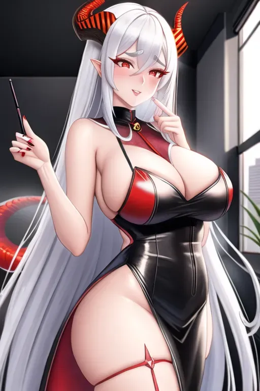 a digital painting of,long hair,office clothes,horns,doing sexy pose,indoor,natural breasts,five fingers per hand,white hair,beautiful face,beautiful lips,detailed large red eyes,curved thin eyebrows,erotic,tattoo,studio,stern expression,red lizard tail,black nails, red scales,lighting,smooth,8k,bokeh,cgsociety