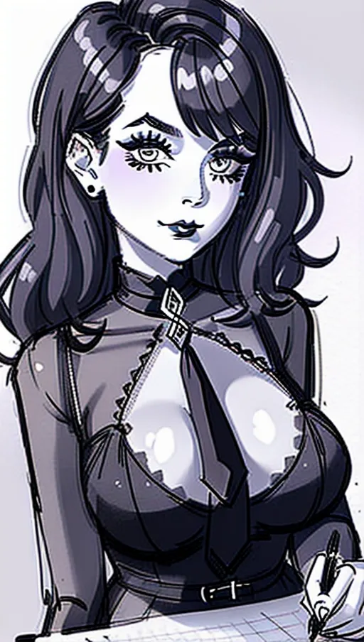 sketch of beautiful goth girl taking selfie, pencil sketch on lined paper, art, rapid pencil sketch, guide lines visible, no shading, pencil sketch of woman, pencil sketch of goth, realistic drawing, true to life, lined paper sketch,
