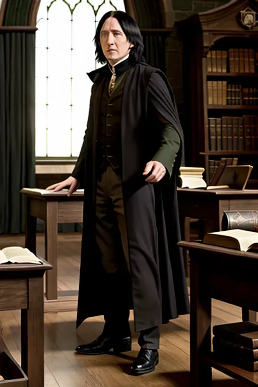 hogwarts, Severus snape, full body, in classroom, raised arm, side view