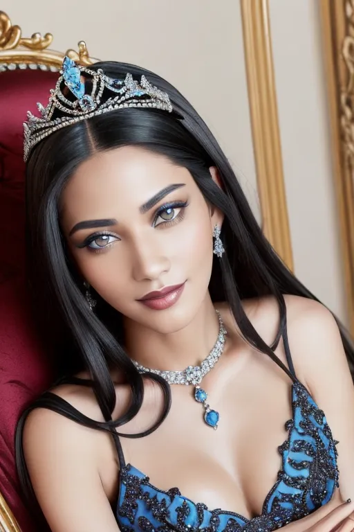 (((a highly detailed closeup portrait photograph of a thin gorgeous skinny princess)))((((black hair))))((((blue irises)))), full makeup , wearing an opulent crown, ((looking into the camera lens)), (flirty smile), ((inviting smile)), (((sexually provocative smile))), ((((flirting poses)))), sexually aroused , (((seductively suggestive immodest pose))), ((((black deep plunge coronation dress)))), ((showing cleavage)), ((large natural breasts)), (sexually excited), beautiful eyes, opulent jewelry, elegant throne room