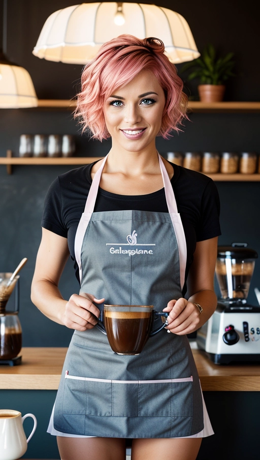 photo-realistic, sexy German girl, barista, athletic body, beautiful face, horny, looking at viewer, half-open eyes, ((orgasm)), panting with desire, wanton, flirtatious, visibly aroused, erect lactating nipples, ((nipples visible through apron)), large firm breasts, holding a cup of coffee, transparent tight blue apron, short pink hair, coffee shop background
