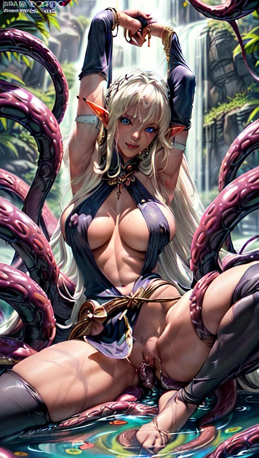 Rough colour sketch, hand drawn, dark, gritty, realistic sketch, mix of bold dark lines and loose lines, bold lines, on paper, (a stunningly sexy and beautiful Elf princess with pale white skin and glowing blue eyes watching the viewer:1.2), slender waist with abs and deep cleavage, (dramatic and erotic pose with arched back and spread legs:1.4), slim body with small perky breasts, (erect nipples:1.1), long transparant silk cape, sexy purple thongs, (long platina blonde floating hair:1.2), golden earrings and bracelets with precious gems, arcane symbols, runes, clear colours lit up by strong sunrays, (night-black skin and white dress:1.4),
(upper body portrait of face and breasts only:1.4), (naughty but sexy smile:1.1), bokeh, pond with a waterfall in a luxurious marble garden,
(sitting in the pond beneath the waterfall:1.4), spread legs exposing her natural wilde pubic hair, (caressing one of her breasts with one hand:1.4), detailed cameltoe, barefoot,
(highly realistic portrait:1.1), (photorealism:1.1), (masterpiece:1.1), <lora:dpmg_add_detail:1.0>, (tentacles wrapped around arms and legs amd waist:1.4), (2 tentacles penetrate her pussy:1.2), captured by tentacles, experiencing an intense orgasm, dpmg_tentacle_sex_v1.4, (both her arms restrained high above her head by tentacles:1.2), exposed bare armpits, (panties pulled aside by tentacles exposing her detailed pussy:1.2), (natural pubic hair:1.2),
cinematic lightning, artificial lighning, best quality, highest quality, highest resolution, 8k, Perfect composition, masterpiece, sharp focus, perfect anatomy, style of Larry Elmore,