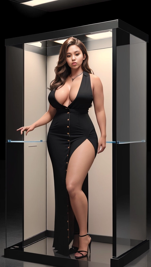 She wears a revealing button-up showcasing her voluminous natural breasts and opts for nothing underneath, accessorized with a pair of stilettos, Converted into a lifelike android, she stands encased in a hard plastic casing like an exhibit piece, Latin, Her appearance reflects her transformation from human to machine - she seems unaware or unable to respond due to her current state of preservation, Despite carrying some extra pounds she manages to retain an attractive figure, The image captures her full body confined within the restrictive shell of the android display case as if on display for observation purposes, Her serious facial expression implies focus or determination towards her new artificial existence, (((full body view, full body photo)))), ((full body view)), ((natural big breasts)), ((overweight)), (((hyperrealistic))),
Masterpiece,
perfect edges,
ultra realistic,
perfect anatomy,
realistic skin texture