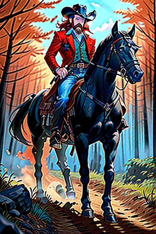 Old wild west, A badass cowboy riding his badass horse, US Marshall, former confederate army officer from Georgia C.S.A , black cowboy hat with white band and a feather, red hair, red beard, sharp blue eyes, gritting teeth, strong chin, a scar across his face, strong build, black cowboy outfit, long brown trench coat, black boot cut pants, two six shooter revolver pistols, one pistol is drawn, the other pistol is in the holster, two gun holsters, gun belt with bullets line in, black cowboy boots with spurs, riding in the saddle of his black horse, large mean black stallion, jeweled stirrups, in the forest, fending of a pack of wolves, ((high definition)), ((4k quality)), ((excellent lighting)), ((great shading)), ((pristine detail)), ((really clear picture)), ((beautiful vibrant colors)), ((accurate at lower prompt guidence)), ((ultra realistic)), (((five fingers per hand))), (((two arms per person))), (((two legs per person))),