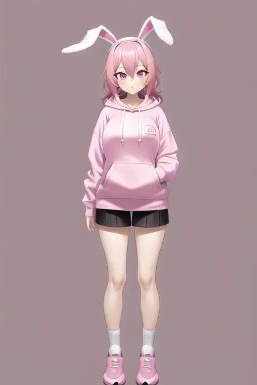 Pink hair, hoodie, bunny girl suit, high socks with shoes, pink eyes, adult, standing