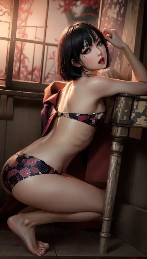 1girl, full body, detailed face::5, beautiful::5, attractive::5, sexy::5, flawless::5, shapely::5, sensual, dirty::5, fatal, lethal, deadly, hurt::5, bruised::5, feudal japan::5, japanese , seductive, surprised, startled, stunned, attacked, ambushed, assaulted, frightened, terrified, alarmed, scared, spooked, panicked, fearful, terrorised, moody lighting::5, night::5, short hair, dark hair, black hair, parted hair, almond shaped eyes, eyes open::5, eyes wide::5, eyes wide open::5, thin lips, solo , masterpiece, ultra high res, professional, photo referenced::5, 23 years old, young adult::5, slim, pale skin, kimono, dark red kimono, saliva, saliva dripping, summer, thin clothing, sweat, sweaty skin::5, shiny skin::5, purple eyeliner, small breasts::5, pain::5, head tilt, mouth open, mouth agape, parted lips, bending, bent, 1 character, bags under eyes, feet, foot, dorsal, bare feet, barefoot, blood::5, bleeding::5