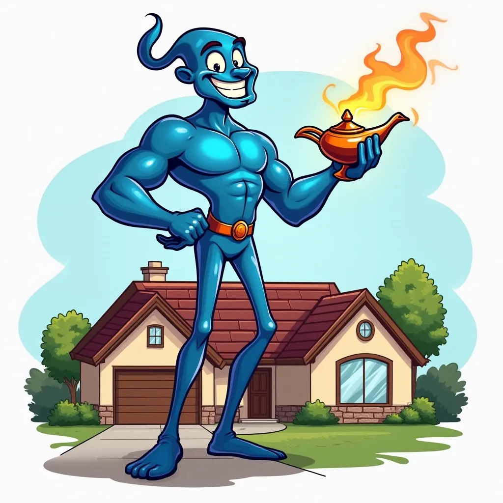 cartoonish rendition of a genie being used as a company character logo, genie is confident and friendly, genie is strong, genie is associated with residential rooftop services, genie does not have legs, genie eminates from a magic lamp which rests on the outlined roof of a residential ranch style house