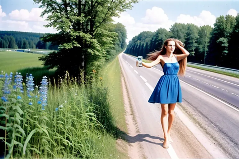 Dopamine Girl Color Photo Of Young Woman Hitchhiking View From Front