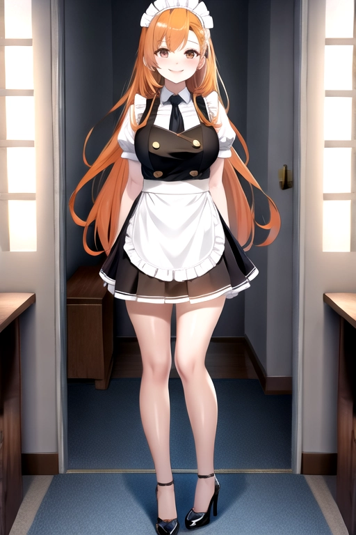 8k quality, brown eyes, pale white skin, orange hair, giant breasts, cleavage, looking at viewer, pov, long hair, wavy hair, full body photo, standing in room, smiling, maid uniform, miniskirt, high heels