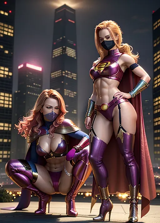 superhero, 2girls, two beautiful women having lesbian sex, first woman has long red hair in ponytail (Dina Meyer) and second woman has short blonde hair (olivia Wilde),
sexy and tight body suites in a mix of pink and purple, sensual tops showing lot of clevage, short skirt, cape and sexy gloves, short boots with high heels, superhero face mask, bracelets on arms and legs, perfectly toned and slender body, abs, small breasts with erect nipples, pussy camel toe, very pretty face, Highly detailed Eyes, arched eyebrows, senusal expression,
perfect composition, hyperrealistic, photorealistic, pretty face, dramatic action Pose, crouching stance with raised arms, full body view, Highly detailed, bright lighting, perfect composition, hyperrealistic, super detailed, high quality, sharp focus, intricate detail, extremely detailed, 3d, render, 8k, UHD, HDR, Masterpiece, best quality
metropol city setting at night, dramatic sky lit up by ligthning, superheros posing together on top of sky scraper, view from side
two legs, two feet, remove extra foot