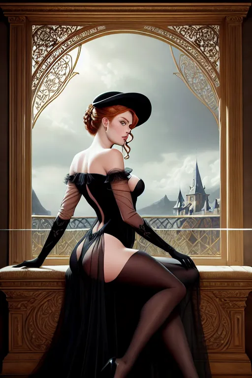 Full body portrait of a sensuous and beautiful countess, gorgeous, soft and gentle face, green eyes, beautiful mouth, looking passionate, auburn hair in a bun with a fancy widow hat with a net veil over her eyes, very haughty and self confident, wearing a transparent black sheer bodysuit and black stockings beneath a front opened diaphanous black sheer boudoir coat, half laying on her side on a couch in her boudoir. Unreal Engine, very detailed, by Greg Rutkowski, Gustave Dore, hyperrealism, photorealism, photoillustration, 8K resolution, HDR, retouched, beautiful, magnificent, fantasy