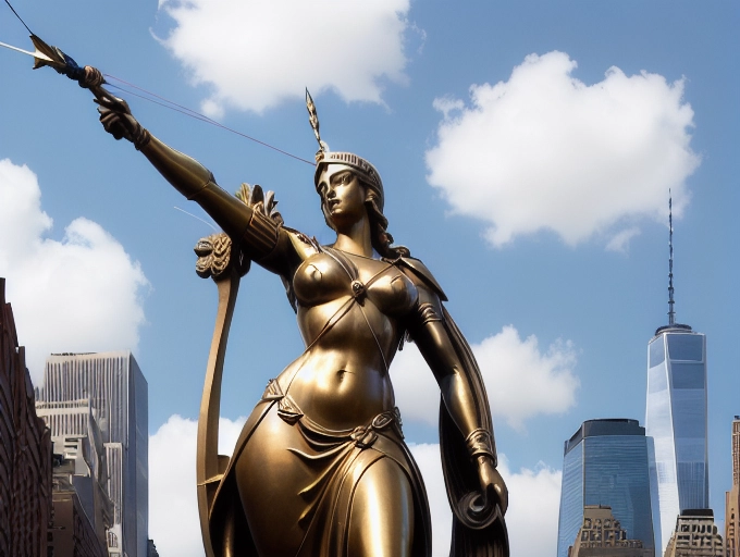 low-angle perspective of a colossal, 1000-meter tall statue of a female Archer, the goddess Artemis with her bow and arrow, majestically dominating a 15 acre island in New York Harbor, One World Trade Center in the distant background, mighty ships appear minuscule as they steam by. Crafted from gleaming white marble, accented with intricate bronze details, the statue grandeur is enhanced by the dramatic lens flare emanating from behind her by the late afternoon sun, her buxom physique largely exposed, emphasizing her giant enormous gravity-defying breasts,