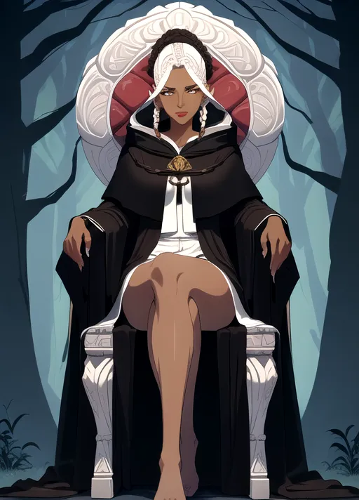(masterpiece), absurdres, smooth, soft lines, soft edges, perfect edges, (soft lighting), (soft glow), perfect anatomy, detailed background, hair with great details, perfect eyes, perfect face, (looking at viewer), 1girl, forest background, full body view, ((older woman)), ((dark souls)),
((beautiful robed priestess)), fully covered, flowing hair, lip gloss, full body view, lipstick, long eyelashes, serious, tall, ((cornrows hairstyle)), covered body, sitting in throne legs crossed,
(White hair), brown eyes, (((very dark skin))), ((flushed cheeks)), short hair, large woman,