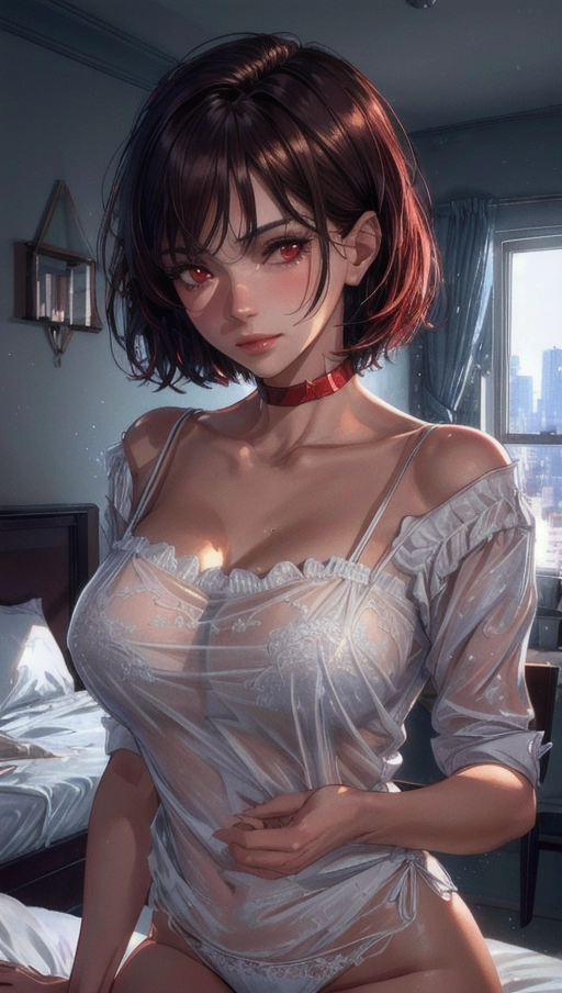 (Best quality, high quality cinematic film wallpaper, high res, 4k, HDR, UHD), 1 adult woman, (a breathtaking masterpiece of extreme close up portrait of an adult woman waking up in a modern cluttered bedroom, she is lying in the bed), (short messy brown hair with bob cut, oversized shirt and panties, choker:1.2),
(correct slender human anatomy), ((extremely detailed half closed red eyes:1.27)), ((extremely detailed view of realistic face with sleepy expression:1.32)), (beautiful detailed full lips frowning:1.27), (zoomed in detailed view of realistic face and boobs:1.15),
(dim room early in the morning with soft sun rays), ethereal, hyperrealistic skin with pores and blemishes, five slender high quality fingers,
close up cinematic composition portrait of an woman lying in bed of in a cluttered modern highrise apartment bedroom, soft focus, sharp and clear image, (candid:1.1), (flat shading stylised art:1.07), <lora:dpmg_add_detail:0.72>, (physically-based ray tracing, photon mapping, photorealistic:1.45), ((high resolution masterpiece, 4K, HDR, UHD:1.45)),