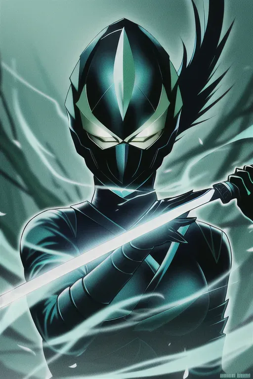 Ninja, full face mask, teal, glowing green accents, with a sword, female, 8k wallpaper, best quality, ultra hd, global lighting, hi-resolution, high quality, highly detailed, in a dark forest