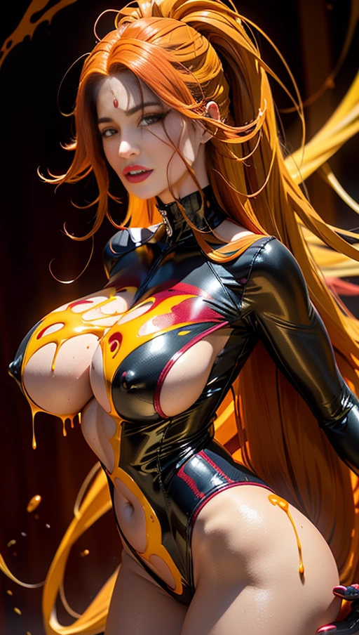 ((Burgundy red and yellow symbiote girl)), ((hair-raising symbiote)), ((burgundy red and yellow symbiote goo)), ((((burgundy red long hair with yellow strands)))), ((red and yellow symbiote goo suit)), ((yellow strands)), (((((symbiote goo hair))), ((((burgundy red and yellow symbiote goo body)))), ((huge yellow symbiote goo boobs)), ((((burgundy red hair)))), ((very very long hair))
