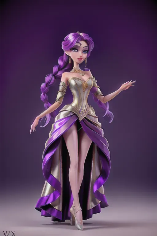 Top hourglass figure, Good Shoulders, Small waist, Big hips, Heart and oval face shape, Angular jaw, Elaborate and flowing hairstyle, long wavy hair cascading down, mix of purple and silver hues, intricate braids and twists adorned with decorative hairpins, hair moves gracefully with her movements emphasizing her elegance, Enchanting and theatrical attire, lavish flowing ballerina-like gown, dominant color palette of deep purples and silvers, incorporates metallic accents and shimmering fabrics, emphasis on fluidity and movement to evoke a dance-like appearance, Mysterious and captivating makeup, dark smoky eyeshadow with a touch of shimmer, long sweeping eyelashes that enhance her gaze, subtle shades of purple and silver on her lips and cheeks, glowing porcelain-like complexion with an air of elegance, pale, slender and graceful physique, a tall and statuesque stature, elegantly elongated limbs and fingers, porcelain-like pale skin, long flowing wavy hair in purple and silver hues, enchanting smoky and expressive eyes, dark smoky eyeshadow with shimmer, long sweeping eyelashes that enhance her gaze, subtle shades of purple and silver makeup on lips and cheeks, intricate braids and twists in her hair adorned with decorative hairpins, lavish and flowing ballerina-like gown in deep purples and silvers, incorporation of metallic accents and shimmering fabrics in her outfit, fluid and graceful movements reminiscent of a dancer, and an overall aura of sophistication and mystique, ballora fnaf