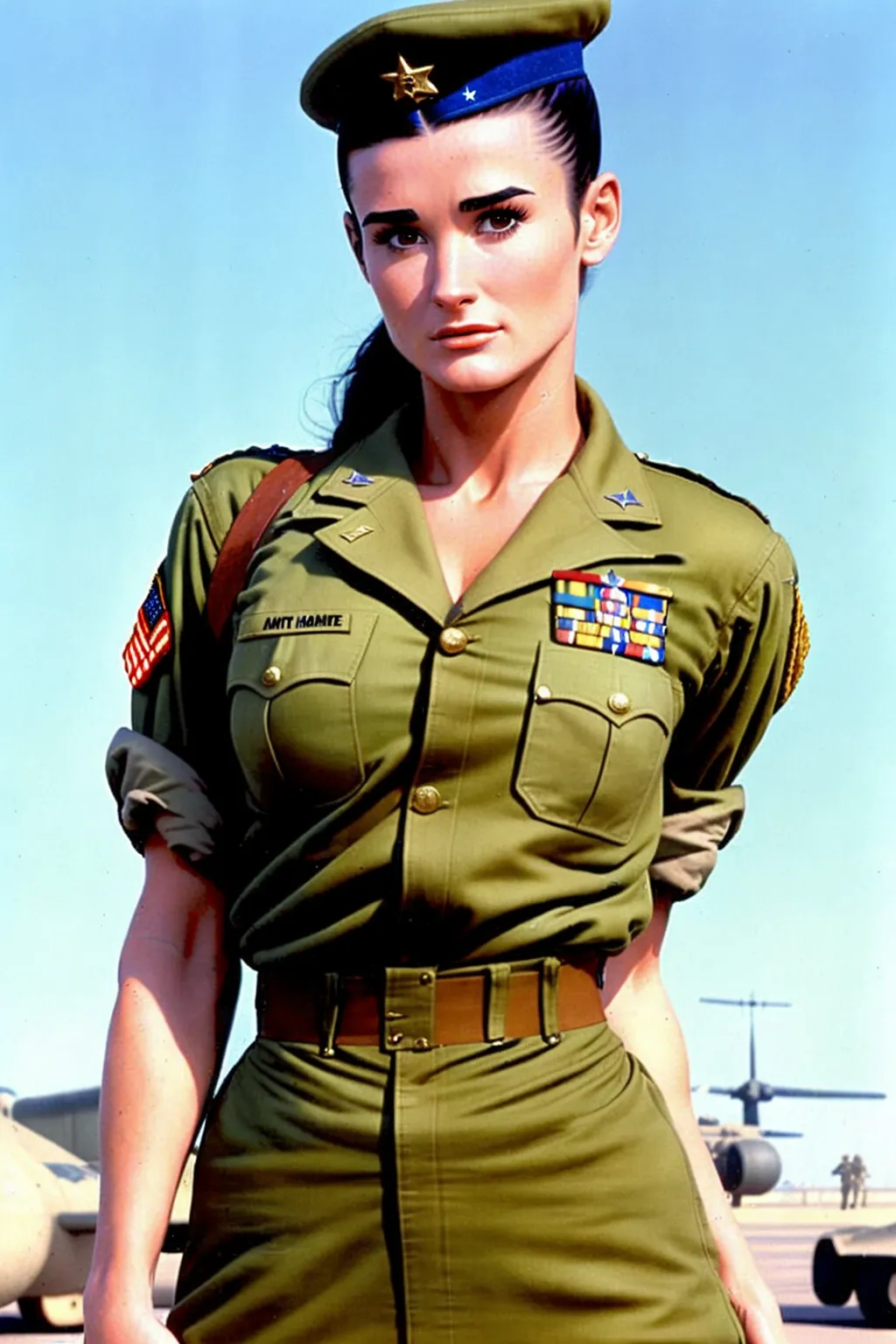 A high resolution medium photo of, young Demi Moore, dressed as GI Jane, crew cut, army uniform, on a military base, looking at the camera