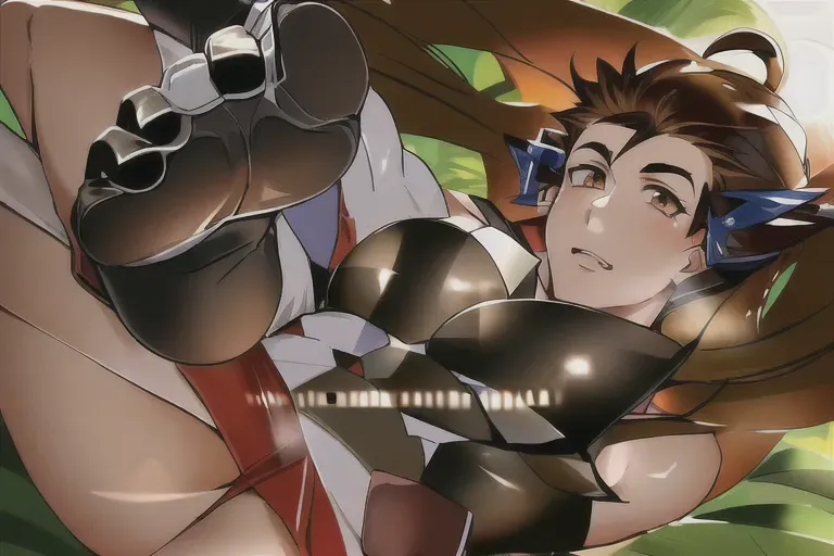 anime style, stylized, man, good feet, foot focus, feet in shot, bare feet, face in shot, wrestling outfit, black tank top, bandages wrapped around wrists, feet-focus, brown hair, fluffy hair, big eyes, nice lips, symmetrical eyes, full body, stirrup socks, pale feet, natural setting, candid shot, beautiful 8k background, trees, sun, farm setting