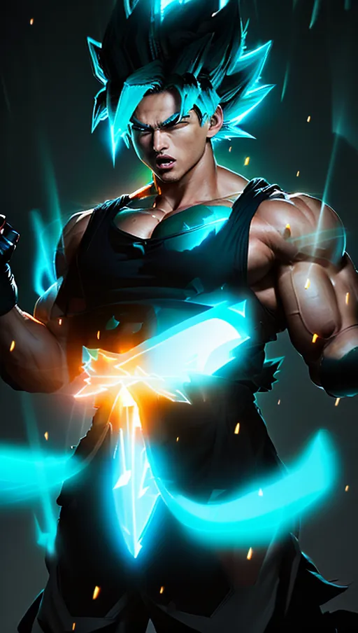 (Battle hardened Super Saiyan Goku Ultra Instinct, long hair blue enchantment, long Viking style braided goatee, SDXL 1.0, ultra best quality, ultra high quality, ultra high resolution, ultra high realism, ultra high realistic, ultra high masterpiece 1.0, enchantment 1.2, magical 1.2, ultra cinematic effects, ultra cinematic lighting, ultimate body builder physique, ultra defined muscle tone, facing camera, facing viewer, standing with head slightly tilted downward, eyes illuminated turquoise electric light, evil expression, rage full expression)