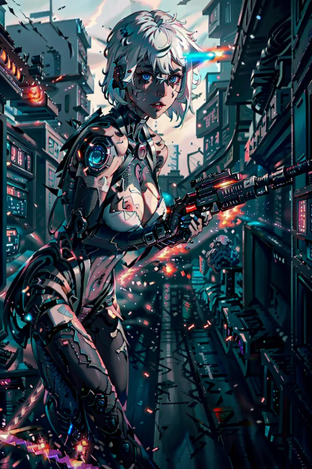 a digital painting of lucyna kushinada from cyberpunk shooting a laser rifle in a gunfight with torn clothes. shredded clothes. black singlet. sleeveless. armless. (ripped clothing:1.2). wounds. scrapes. (scratches:1.2). <lora:dpmg_black_see_through:1>. urban. action scene. combat. tracers. action. <lora:dpmg_scifi:0.6>. athletic. natural breasts. small tits. saggy tits. 20. blue eyes. (white hair:1.2). bangs. short hair. bob haircut. angled bob haircut. five fingers per hand. beautiful face. pretty face. small mouth. thin lips. curved eyebrows. editorial. pixiv. 8k. ultra realistic. masterpiece. (german:0.4). (korean:1). (japanese:0.6). lucy from cyberpunk. (cyborg:0.2). (cyberpunk:0.8). (robot skin:1). (nude:0.8). nsfw. (robot body:0.6). pink eyeliner. skinny. (muscular:0.2). crotchless. vagina. realistic pussy. (mechanical:0.8). sweaty. cyberskin. bottomless. white eyebrows. exposed arms. exposed legs. explosions. fire. injured. (fighting:1.2). firefight. (wounded:1.2). action pose. blaster rifle. battle. intense. realistic weapons. (futuristic sniper rifle:1.2)