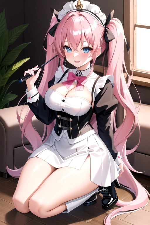long hair, pale skin, pink hair, blue eyes, black choker, giant H-cup breasts, wavy hair, white maid uniform, smiling, full body photo, 28 years old, miniskirt, cleavage, high heels, corset, 8k quality, boots, in living room, pigtails