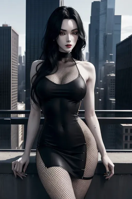 8k, masterpiece, extremely detailed transgender woman, long messy black hair, pale skin, skimpy 2 piece dress, black fishnets, future city scenery