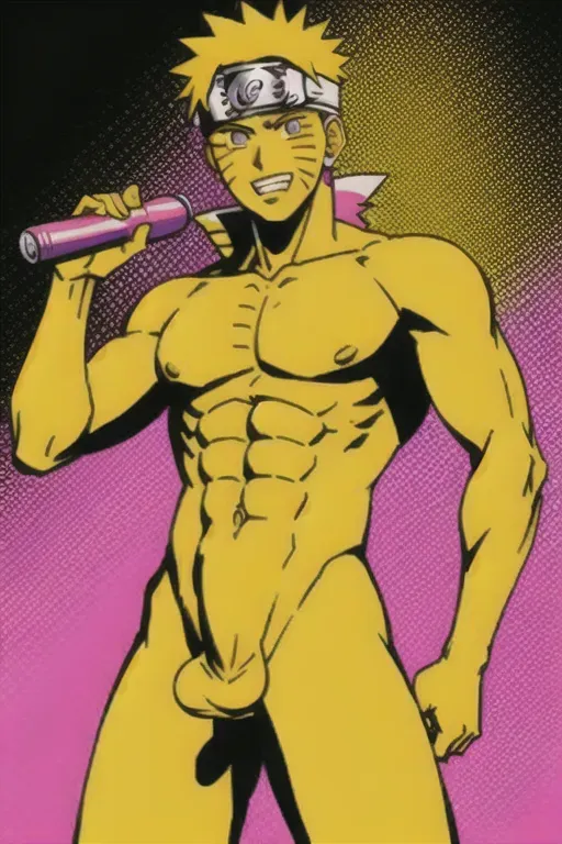 Naruto Uzumaki standing up, he is naked, he is holding his penis in his right hand