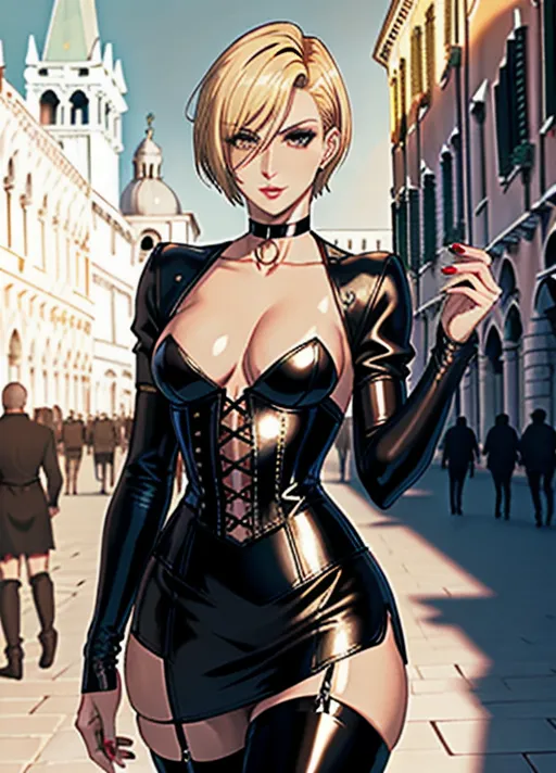 high quality, monica belucci, 8K Ultra HD, slim, anorexic-skinny trans woman with cock, ((small chest)), ((short-shaved blonde hair)), male haircut, fetish corset school girl style, pvc top with straps and choker, black pvc plaid skirt with man body bulge, high heel stiletto over knee fetish pvc boots, full visible body and head, perfect face, front view, hyper realism, bokeh, full resolution, full figured, perfect body in fetish attire, standing in front of san marco church in venice, italy