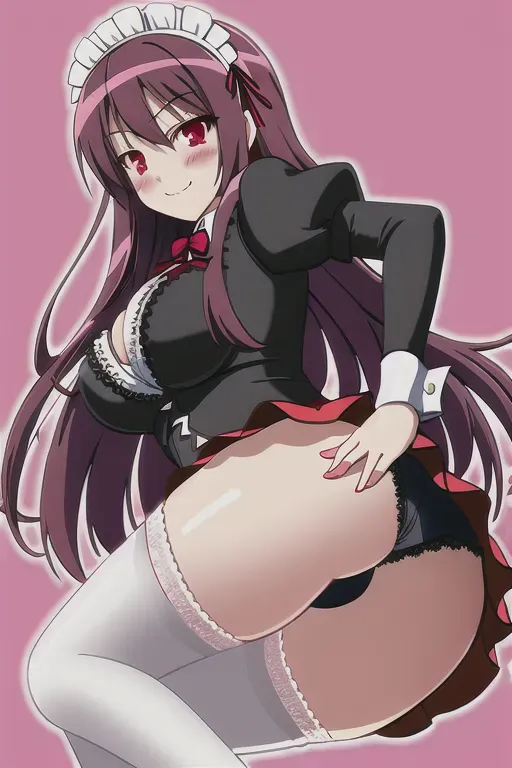 solo girl, godess vampire anime girl, maid clothes, upskirt, groped, trembling of pain after punishment, butt grabbed, big butt in panties, blushing, medium breasts, thighs, legs, bright red ass after getting spanked, embarrassed smile, cute lace trimmed panties, cute lace trimmed bra, long hair, blood red eyes, lounge, from behind,charming face, highly detailed