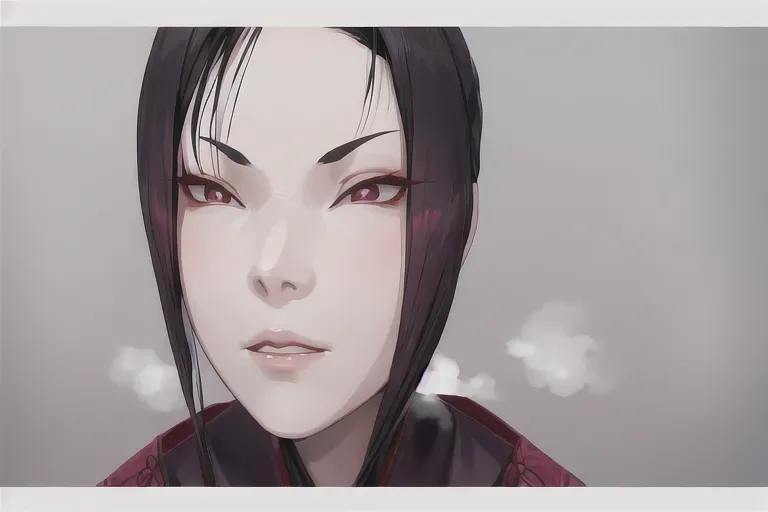 1girl, portrait , ninja, feudal japan, edo period, night, japanese, highres, short dark black hair, small breasts, long legs, green almond shaped eyes, thin parted lips, solo, ((masterpiece)),photo referenced, pale skin, purple eyeliner::1, tenchu, kunoichi, professional, ultra high res, dark red yukata::1, long sleeves::1, kuugire, stealth, soft feminine facial features, button nose, dark red kimono, 25 years old,