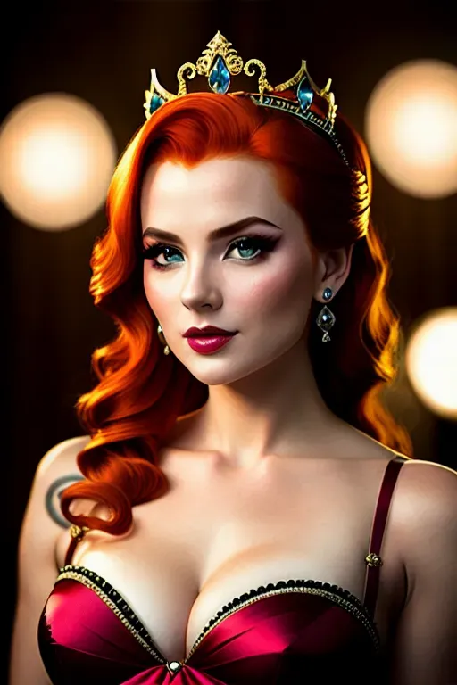 concept art, sultry ginger haired princess with tiara, doing sexy pose, in a tea party, tiny breasts, five slender fingers, fishtail hair beautiful face, beautiful lips, curved eyebrows, textured skin erotic tattoo, 8k, sharp focus, cgsociety, studio lighting, cinematic lighting