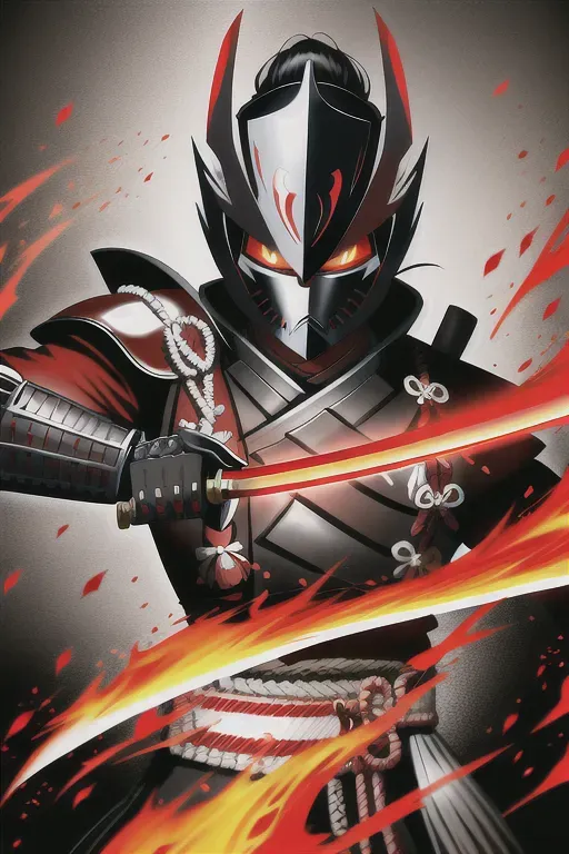 Samurai, full face helmet, black, red accents, with a sword, male, 8k wallpaper, best quality, ultra hd, global lighting, hi-resolution, high quality, highly detailed, flames in the background