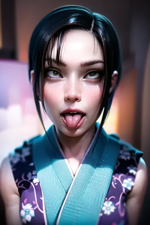 <lora:dpmg_ahegao:0.9>, (closeup),full body, eyelashes, woman, ahegao ,((bukkake , facial, cum)), parted lips,(shiny skin:1.1),blush,(outdoors), photo referenced, best quality, ultra high res, (photorealistic:1.4), (detailed face and eyes),realcumAI, Style-Moana short dark black hair, purple eyeliner, soft feminine facial features, blue kimono covering the arms and shoulders, kunoichi, green eyes, 20 years old