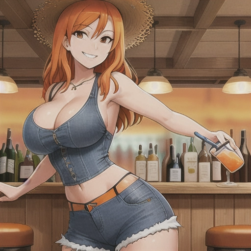 distant shot of a highly detailed slim woman with a big grin with orange hair looking back with a straw hat wearing tiny bra and large cleavage and tiny waist and flip flops with tiny ripped jean shorts in a bar background