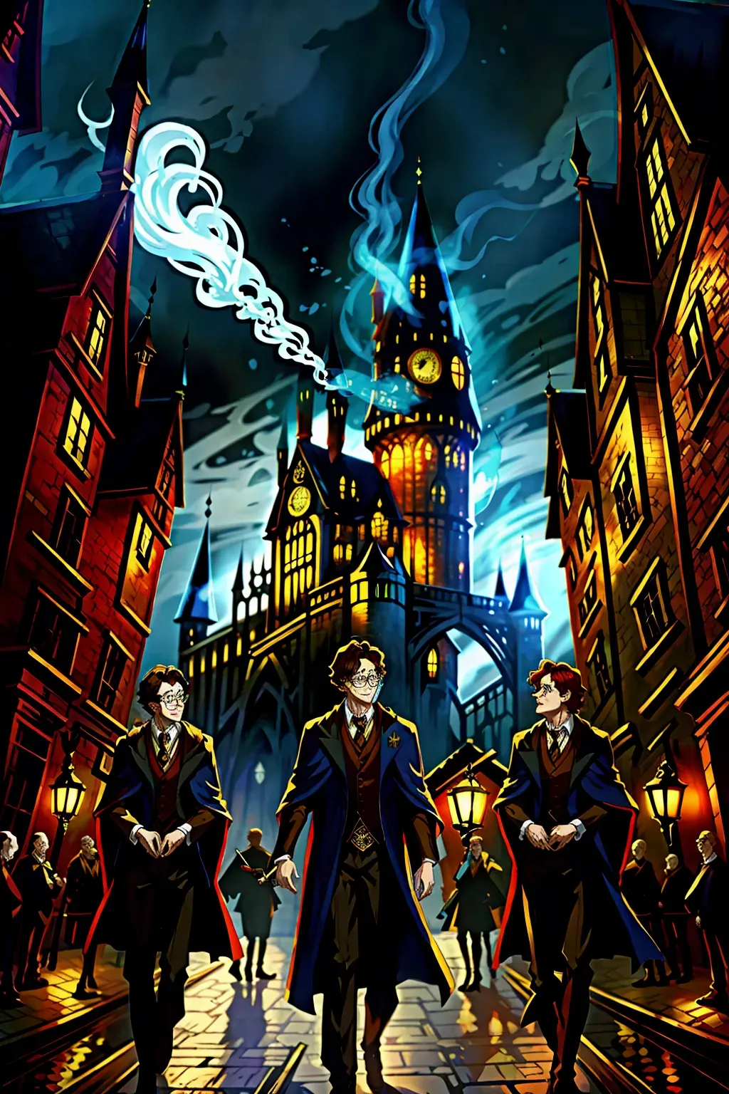 Harry potter characters, 8k wallpaper, best quality, ultra hd, global lighting, hi-resolution, high quality, in harry potter world, smoking weed