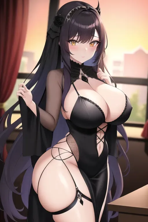 wide shot, 20 year old, a gorgeous gothic girl, thicc, goth clothes, black, study room, sunset, studio light, surprised, 8k, professional