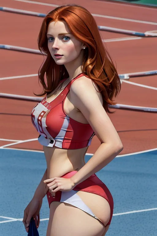 digital art of a Young Sarah Duchess of York, ,<lora:track_uniform:1>, ((accurate face)), medium breasts, auburn hair, in an outdoor track meeting, white track uniform, nice ass, , crowd of people, cute and sexy
