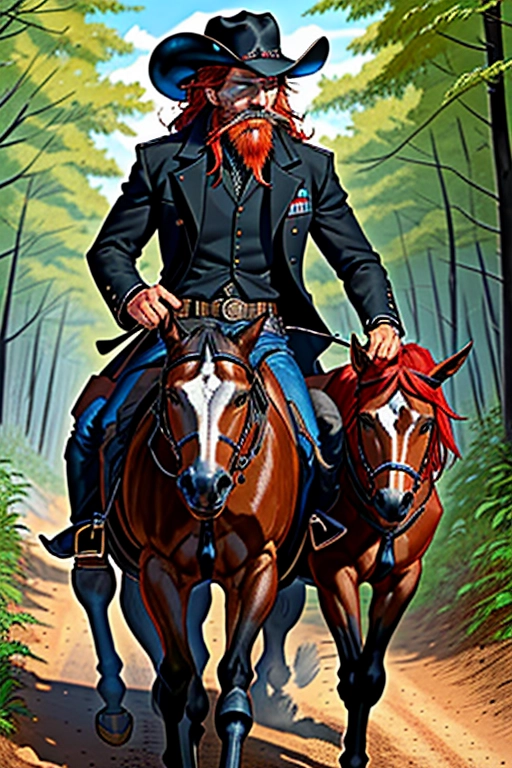 Old wild west, A badass cowboy riding his badass horse, US Marshall, former confederate army officer from Georgia C.S.A , black cowboy hat with white band and a feather, red hair, red beard, sharp blue eyes, gritting teeth, strong chin, a scar across his face, strong build, black cowboy outfit, long brown trench coat, black boot cut pants, two six shooter revolver pistols, one pistol is drawn, the other pistol is in the holster, two gun holsters, gun belt with bullets line in, black cowboy boots with spurs, riding in the saddle of his black horse, large mean black stallion, jeweled stirrups, in the forest, fending of a pack of wolves, ((high definition)), ((4k quality)), ((excellent lighting)), ((great shading)), ((pristine detail)), ((really clear picture)), ((beautiful vibrant colors)), ((accurate at lower prompt guidence)), ((ultra realistic)), (((five fingers per hand))), (((two arms per person))), (((two legs per person))),