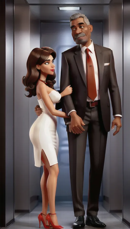 Dark Hotel interior, crowded elevator, nsfw, side view, one tall older black man in a nice suit and one sexy white woman wearing a low cut short slutty white dress enter the elevator together, man has his arm around her waist, she is a sexy 30 year old white woman with shoulder length dark brown hair, big tits, big ass, he is an older black man wearing a suit and red tie, they are affectionate with each other, woman wearing short sexy white dress with slit up the side , high heels, red lipstick
