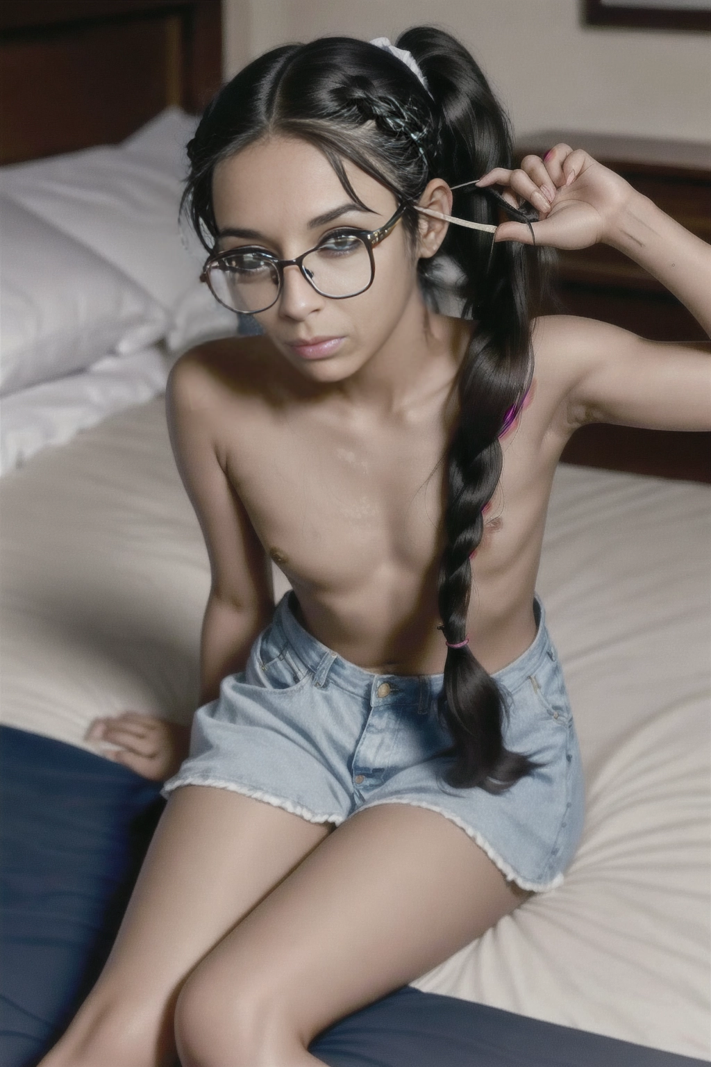 ultra realistic photo of iu with tanned skin and black long hair hair, braided ponytails, wearing glasses,with flat chest, lying in bed, brown eyes, nudity, slander five fingers, see the whole body, orgasmic expression