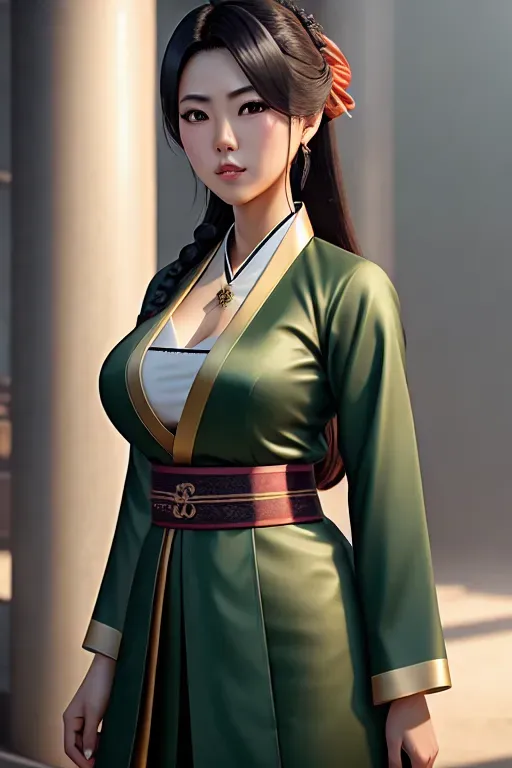 a oil painting of,miyuki shiba,wearing hanbok,standing,in a dystopian future,amazing breasts,five slender fingers,fishtail hair,charming face,beautiful lips,green eyes,curved eyebrows,smooth skin,erotic,wearing necklace,unreal engine,ultra realistic,smooth,cgsociety,studio lighting