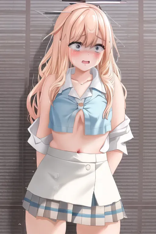 1girl,
dpmg_marin_kitagawa_v1,
<lora:dpmg_scared_expression:1>,
school uniform,
mini skirt,
blue skirt,
no bra,
unbuttoned shirt,
dpmg_runny_makeup_v1,
<lora:dpmg_presenting_panties:1>,
black panties,
perfect breasts,
topless