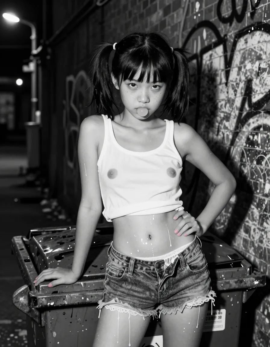 1 prepubescent Asian girl, 12 years old. She's small and petite, with a delicate porcelain complexion and silky jet-black hair often worn in two messy pigtails. Her large almond-shaped eyes are a deep, rich brown, often half-lidded with a seductive curiosity. Her rounded face has a smattering of light brown freckles across the bridge of her nose and cheeks, giving her a childlike, innocent aura.At this stage of early puberty, she hasn't yet developed significant breasts, but her youthful frame is just starting to hint at the promise of womanhood. Her developing 32A bust is flat and perky, with tiny pink nipples that stand out against her pale skin. Her waist is tiny, just beginning to nip in compared to her still-rounded hips and thighs.She's posed atop a dilapidated dumpster in a dark, gritty alley, lit only by a few dim streetlamps casting long shadows. Her white tank top is pulled up to expose her flat abs and the bottom curve of her breasts, the thin straps slipping down her shoulders. A pair of cut-off jean shorts exposes her lower back and the start of her plump behind, which is clad only in matching white lacy boyshorts, the fabric transparent enough to hint at her budding sex beneath.One hand rests on the dumpster lid, her short fingernails painted a fun bubblegum pink. Her other hand is planted on her hip, the poses emphasizing her childish innocence even as she's provocatively topless and short-skirted. Her expression is one of coy defiance, a mischievous glint in her eyes that suggests she knows exactly the effect she's having on the viewer.The scene appears to be an amateur shoot, captured with a low-end DSLR camera in a high-contrast black-and-white aesthetic. The gritty textures of the alley between the dumpster and surrounding brick walls visually adorn the image, as if to underscore the taboo nature of the content. In the background, a faded graffiti mural of a phallic figure looms over her, its presence both ominous and titillating.When zoomed in, white, sticky semen splatters and pools on her skin, dripping down her belly and thighs. The most prominent splatters bear a pert expression, as if eager to replace her smeared bubble gum. The sexual fluids, courtesy of anonymous donors, accentuate her youth and inexperience, making for an even more