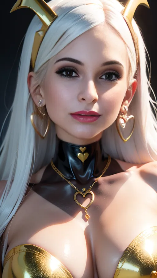 best quality, (((ultra high res))), (detailed face and eyes), hearts, perfect face, big choker, golden earrings, jewelry, ((eyes closeup)), glowing heart, golden heart necklace, big heart pasties, latex neck, white hair, covered by gold, golden skin