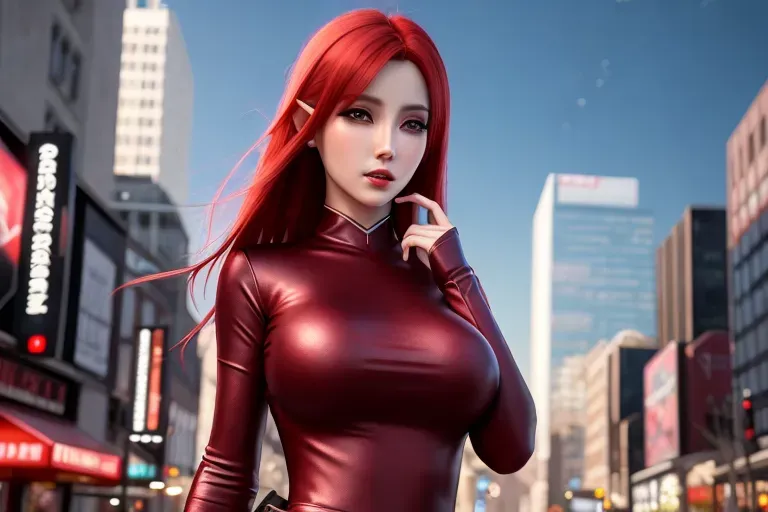 a digital art of, in the city, medium breasts, five slender fingers, red hair, gorgeous face, beautiful lips, bright red eyes, joyful, unreal engine, surreal, art station, highly detailed,ultra-realistic, elf girl, pointy ears, casual clothing