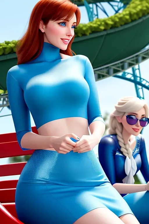 two figures, low angle shot,
long wide shot, at an amusement park, sitting in a thrilling moving wild roller coaster,
innocent sweet, Anna of Arendelle 37 years old, Nordic, dressed in green modest attire, large natural round blue eyes, small frame rectangle green sunglasses on the end of her nose, long auburn hair, sweet face, warm smile, beautiful lips, soft curved eyebrows, smaller modest breasts.
Elsa of Arendelle, sister, slightly taller, slightly older, blue attire, long platinum hair, playing frisbee with Anna.
five fingers per hand, ultra realistic, pixiv, unreal engine, bokeh, reduced saturation, adult
